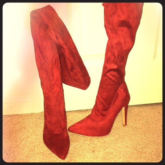 red thigh high boots no heel